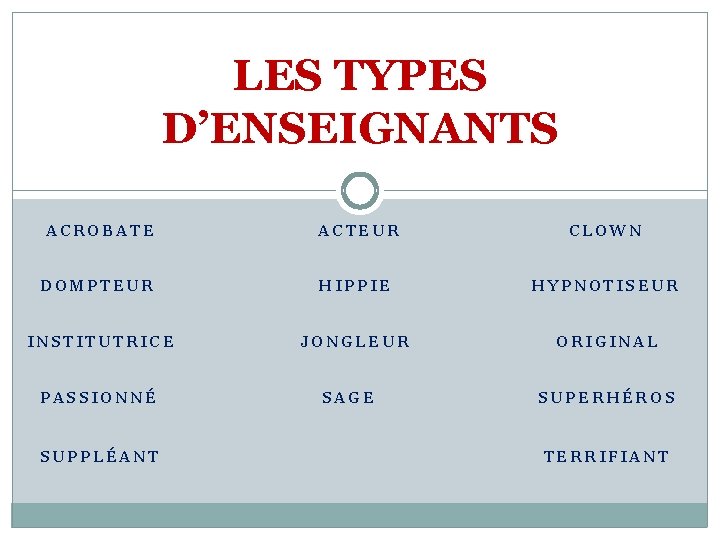 LES TYPES D’ENSEIGNANTS ACROBATE ACTEUR CLOWN DOMPTEUR HIPPIE HYPNOTISEUR INSTITUTRICE JONGLEUR ORIGINAL PASSIONNÉ SUPPLÉANT