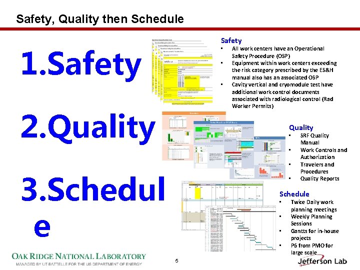 Safety, Quality then Schedule Safety 1. Safety • • • 2. Quality All work