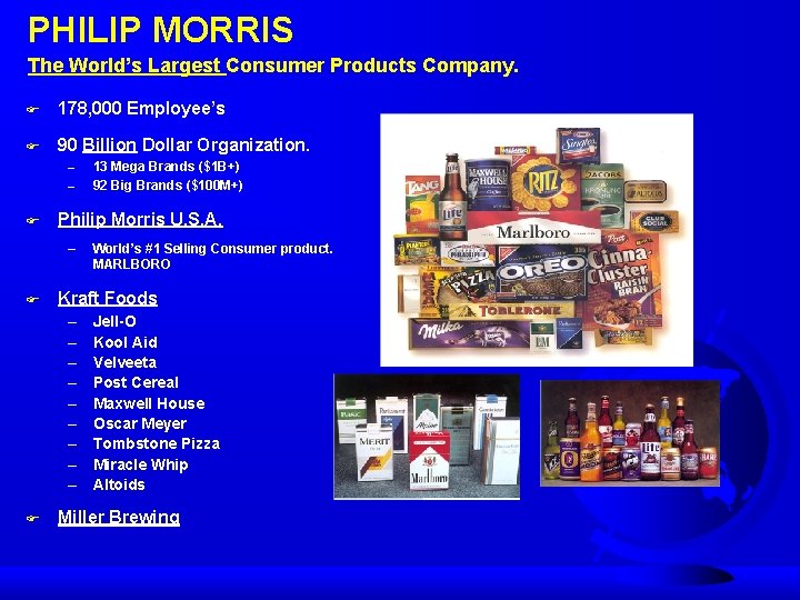 PHILIP MORRIS The World’s Largest Consumer Products Company. F 178, 000 Employee’s F 90