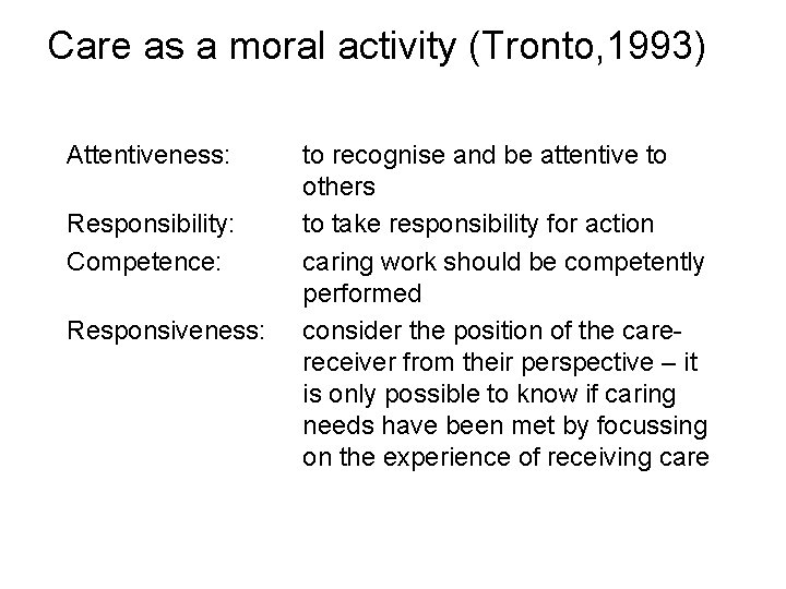Care as a moral activity (Tronto, 1993) Attentiveness: Responsibility: Competence: Responsiveness: to recognise and