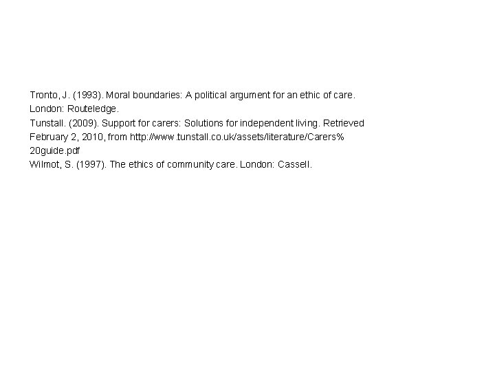 Tronto, J. (1993). Moral boundaries: A political argument for an ethic of care. London:
