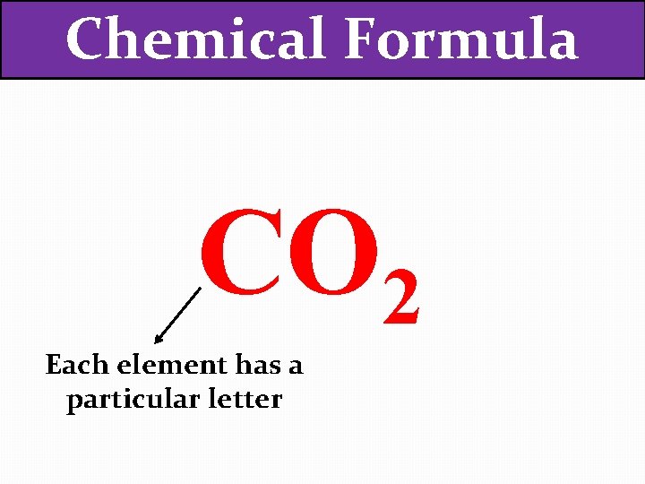 Chemical Formula CO 2 Each element has a particular letter 