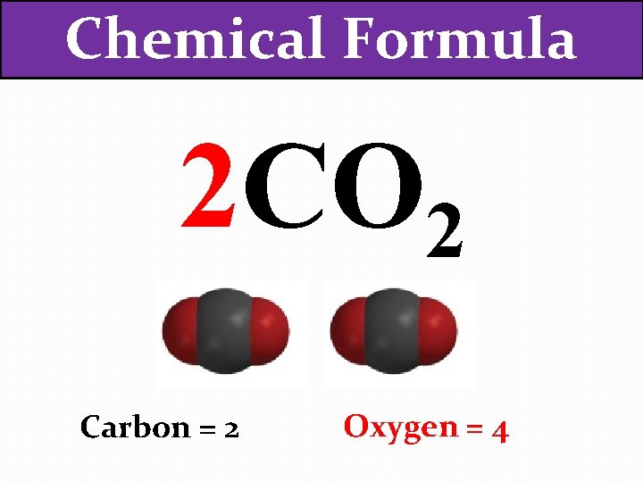Chemical Formula 2 CO 2 Carbon = 2 Oxygen = 4 