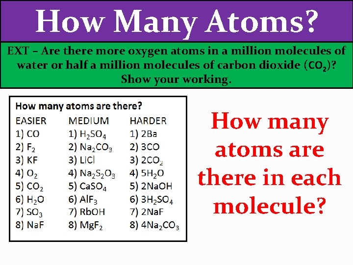 How Many Atoms? EXT – Are there more oxygen atoms in a million molecules