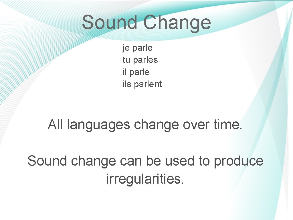 Sound Change je parle tu parles il parle ils parlent All languages change over