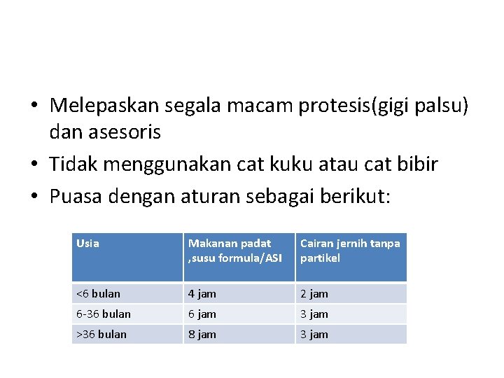  • Melepaskan segala macam protesis(gigi palsu) dan asesoris • Tidak menggunakan cat kuku