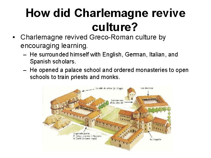 How did Charlemagne revive culture? • Charlemagne revived Greco-Roman culture by encouraging learning. –