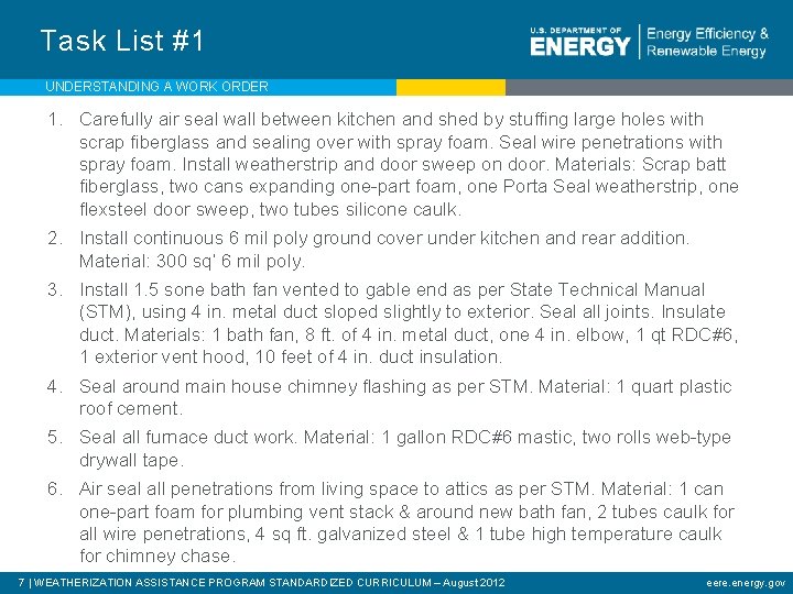 Task List #1 UNDERSTANDING A WORK ORDER 1. Carefully air seal wall between kitchen