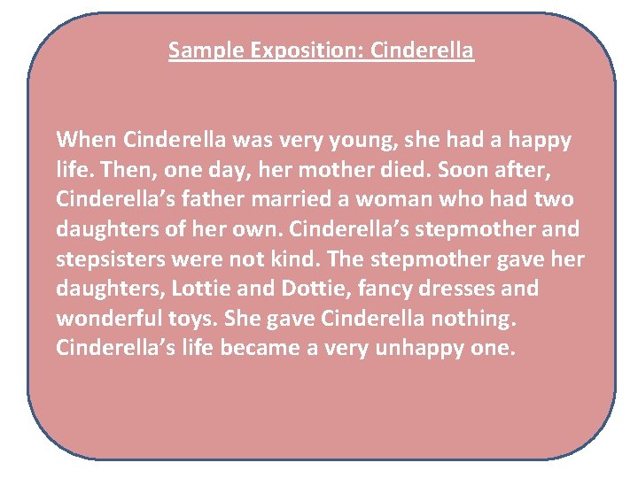 Sample Exposition: Cinderella When Cinderella was very young, she had a happy life. Then,