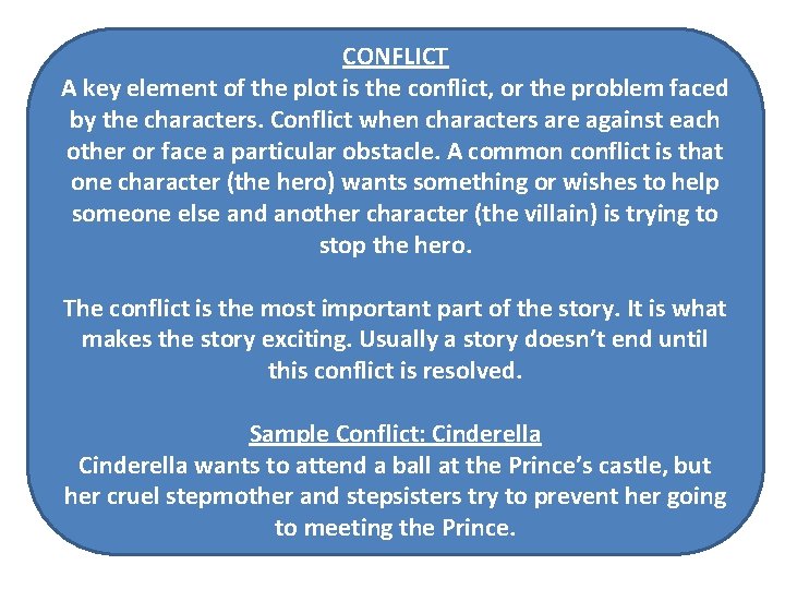 CONFLICT A key element of the plot is the conflict, or the problem faced
