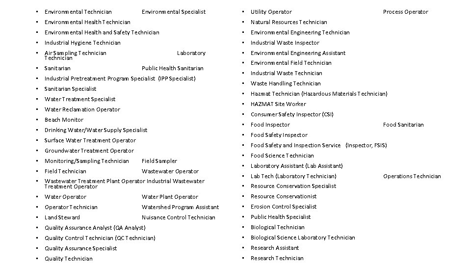 • Environmental Technician Environmental Specialist • Utility Operator • Environmental Health Technician • • Environmental Technician Environmental Specialist • Utility Operator • Environmental Health Technician •