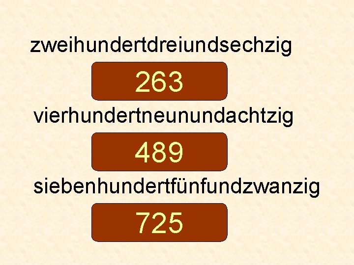 zweihundertdreiundsechzig 263 vierhundertneunundachtzig 489 siebenhundertfünfundzwanzig 725 