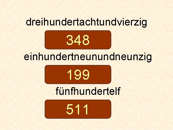 dreihundertachtundvierzig 348 einhundertneunundneunzig 199 fünfhundertelf 511 