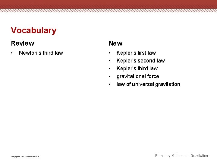 Vocabulary Review New • • • Newton’s third law Copyright © Mc. Graw-Hill Education
