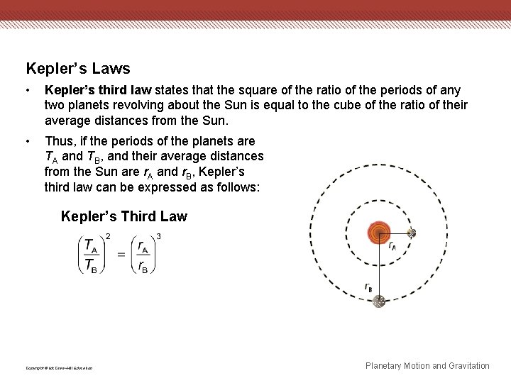Kepler’s Laws • Kepler’s third law states that the square of the ratio of