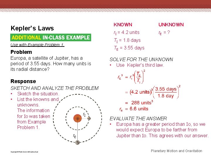 Kepler’s Laws KNOWN UNKNOWN r. I = 4. 2 units r. E = ?