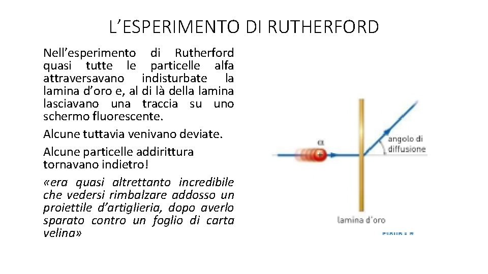 L’ESPERIMENTO DI RUTHERFORD Nell’esperimento di Rutherford quasi tutte le particelle alfa attraversavano indisturbate la