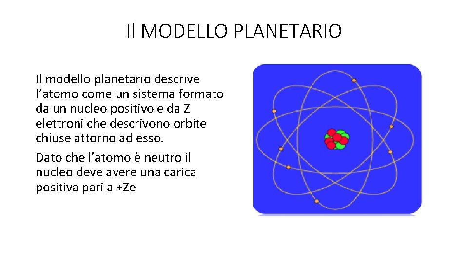 Il MODELLO PLANETARIO Il modello planetario descrive l’atomo come un sistema formato da un
