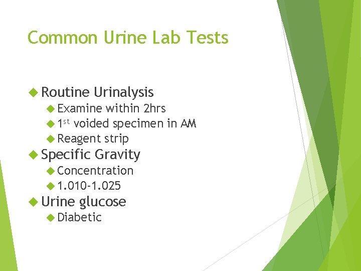 Common Urine Lab Tests Routine Urinalysis Examine within 2 hrs 1 st voided specimen