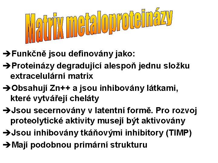 èFunkčně jsou definovány jako: èProteinázy degradující alespoň jednu složku extracelulární matrix èObsahují Zn++ a
