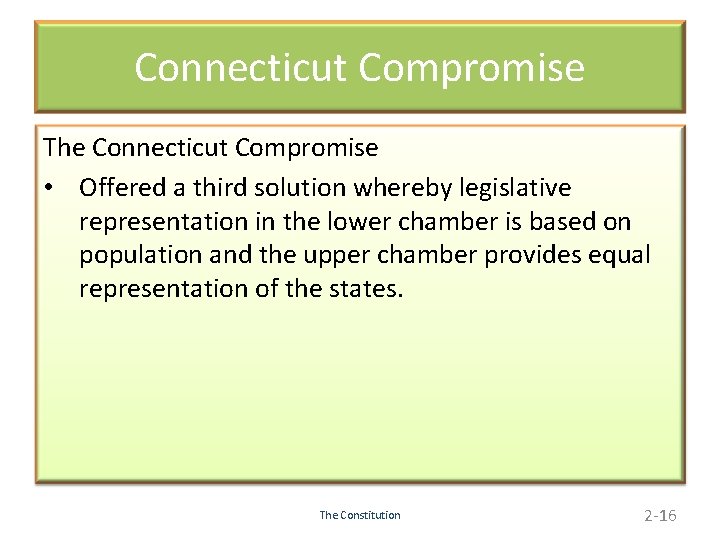 Connecticut Compromise The Connecticut Compromise • Offered a third solution whereby legislative representation in