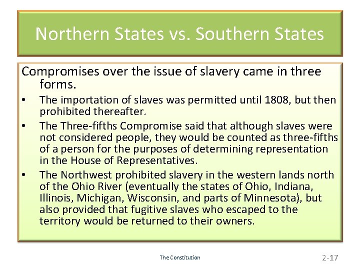 Northern States vs. Southern States Compromises over the issue of slavery came in three