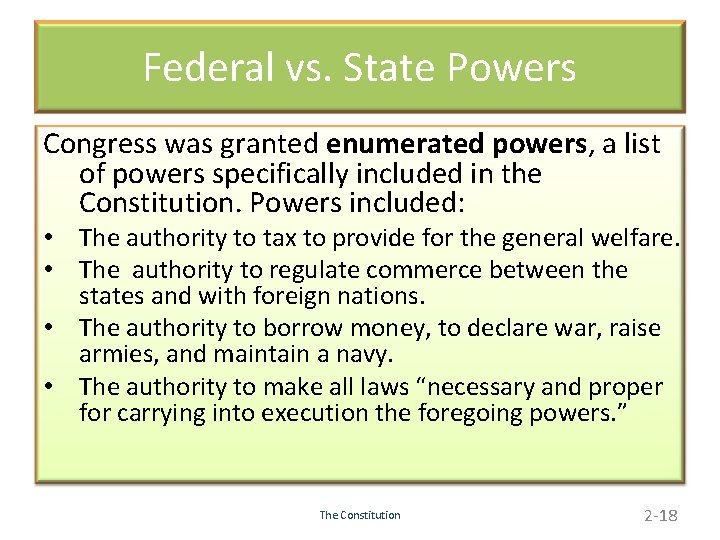 Federal vs. State Powers Congress was granted enumerated powers, a list of powers specifically