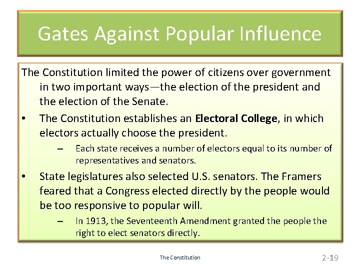 Gates Against Popular Influence The Constitution limited the power of citizens over government in