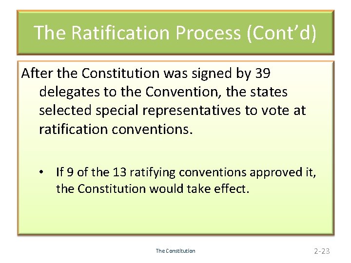 The Ratification Process (Cont’d) After the Constitution was signed by 39 delegates to the