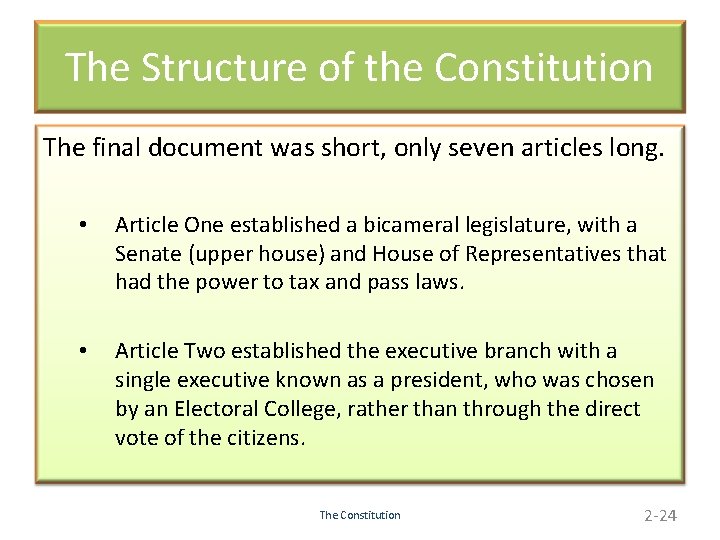 The Structure of the Constitution The final document was short, only seven articles long.