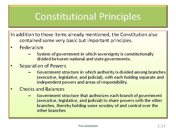 Constitutional Principles In addition to those items already mentioned, the Constitution also contained some