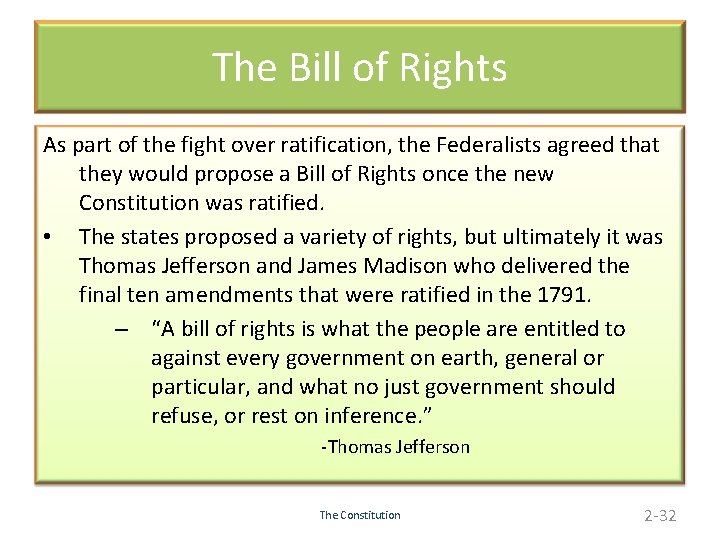 The Bill of Rights As part of the fight over ratification, the Federalists agreed