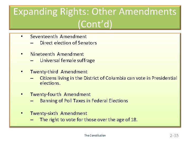 Expanding Rights: Other Amendments (Cont’d) • Seventeenth Amendment – Direct election of Senators •