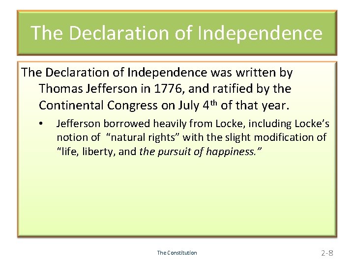 The Declaration of Independence was written by Thomas Jefferson in 1776, and ratified by
