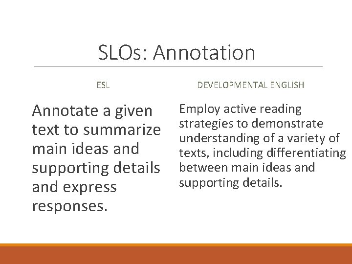 SLOs: Annotation ESL Annotate a given text to summarize main ideas and supporting details