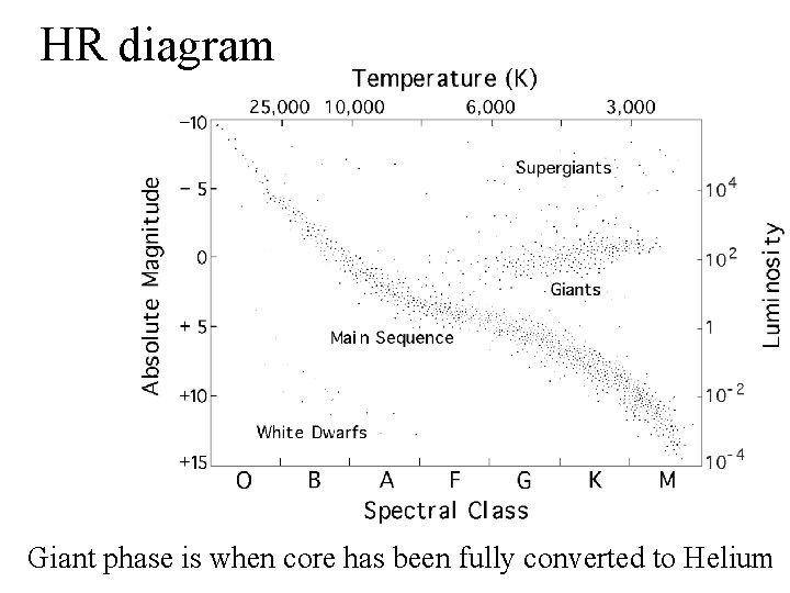 HR diagram Giant phase is when core has been fully converted to Helium 