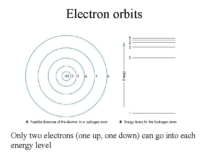 Electron orbits Only two electrons (one up, one down) can go into each energy
