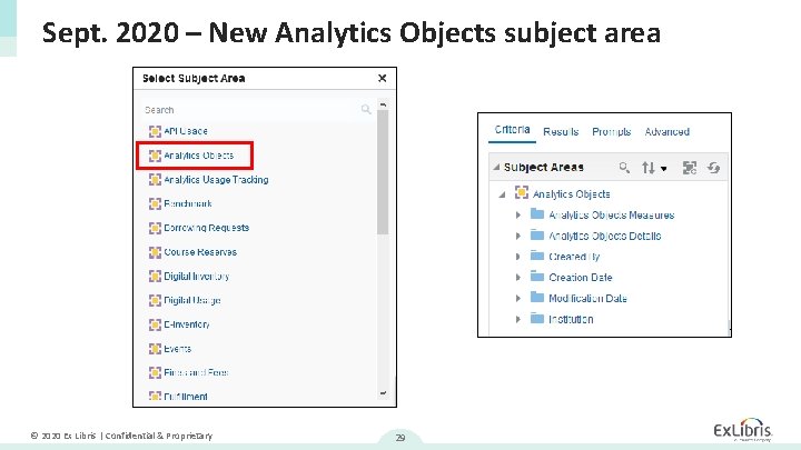 Sept. 2020 – New Analytics Objects subject area © 2020 Ex Libris | Confidential