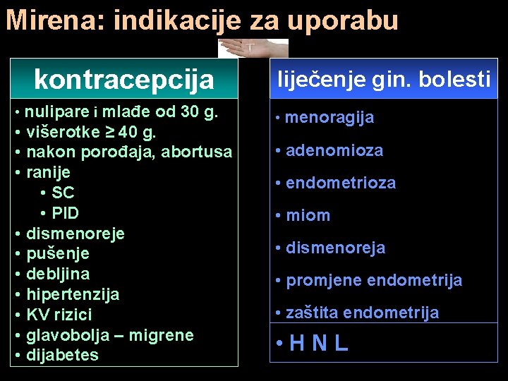 Mirena: indikacije za uporabu kontracepcija • nulipare i mlađe od 30 g. • višerotke