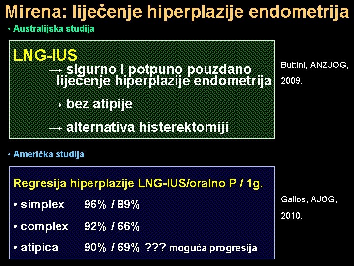 Mirena: liječenje hiperplazije endometrija • Australijska studija LNG-IUS → sigurno i potpuno pouzdano liječenje