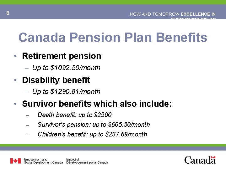 8 NOW AND TOMORROW EXCELLENCE IN EVERYTHING WE DO Canada Pension Plan Benefits •