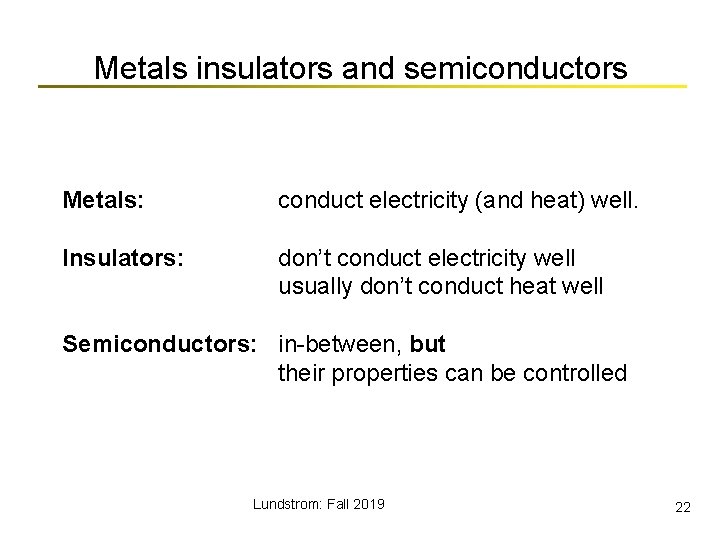 Metals insulators and semiconductors Metals: conduct electricity (and heat) well. Insulators: don’t conduct electricity