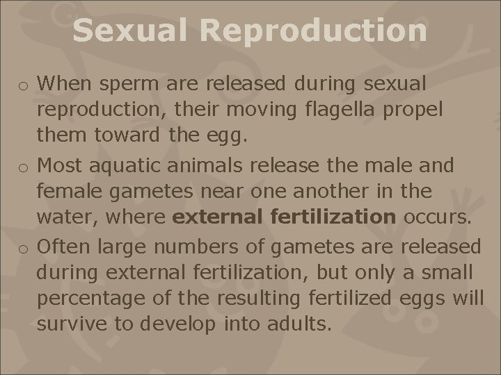 Sexual Reproduction o When sperm are released during sexual reproduction, their moving flagella propel