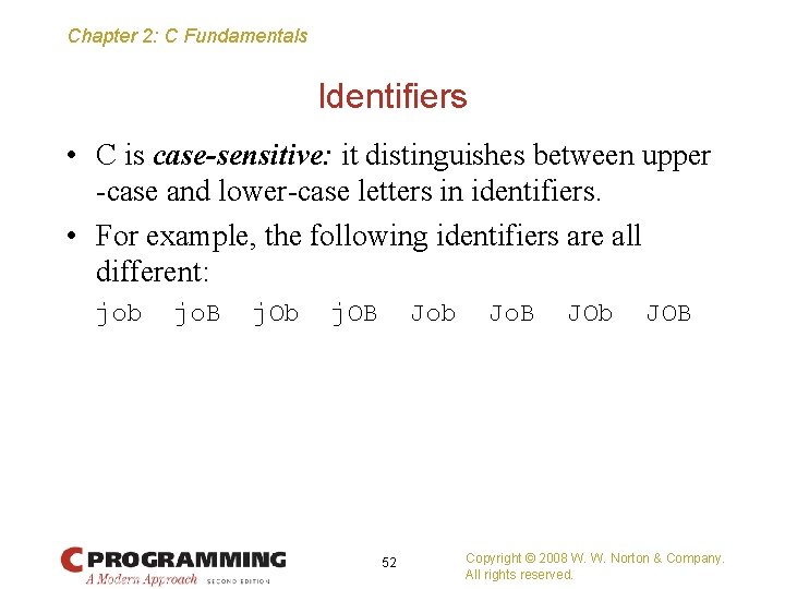 Chapter 2: C Fundamentals Identifiers • C is case-sensitive: it distinguishes between upper -case