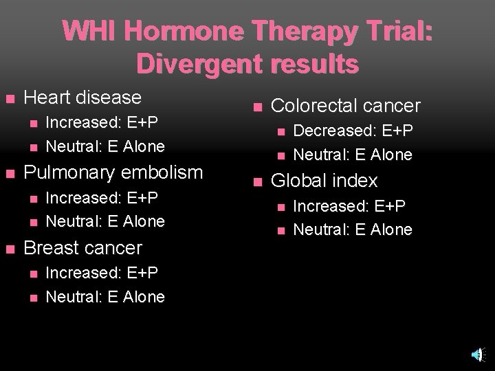 WHI Hormone Therapy Trial: Divergent results n Heart disease n n n Pulmonary embolism