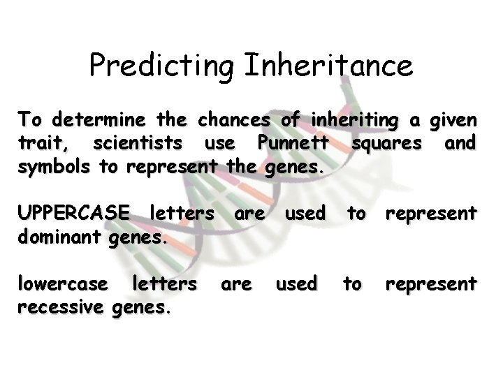 Predicting Inheritance To determine the chances of inheriting a given trait, scientists use Punnett