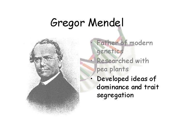 Gregor Mendel • Father of modern genetics • Researched with pea plants • Developed