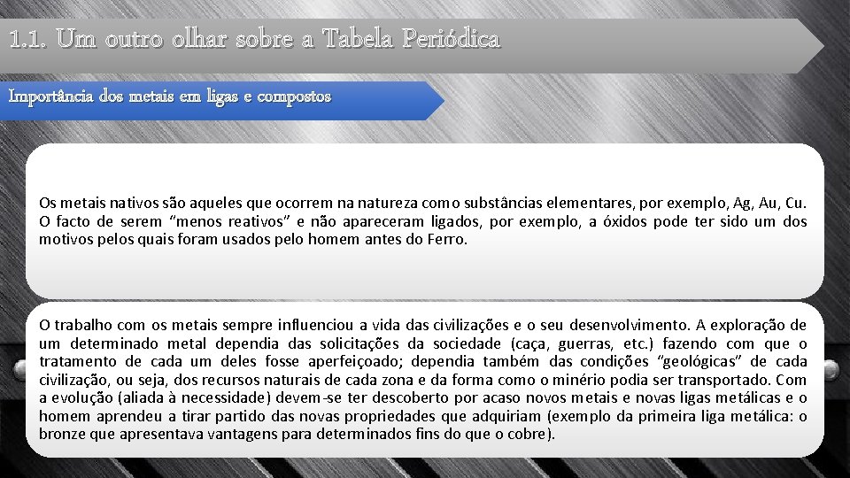 1. 1. Um outro olhar sobre a Tabela Periódica Importância dos metais em ligas