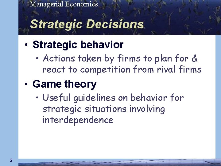 Managerial Economics Strategic Decisions • Strategic behavior • Actions taken by firms to plan