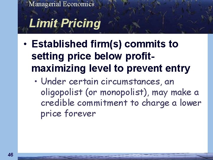 Managerial Economics Limit Pricing • Established firm(s) commits to setting price below profitmaximizing level